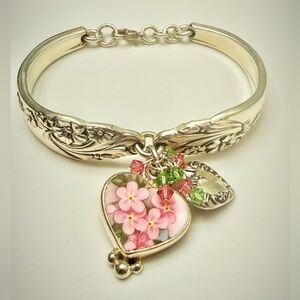 Sterling Silver Floral Heart Spoon Bracelet with Pink and Green Accent beads